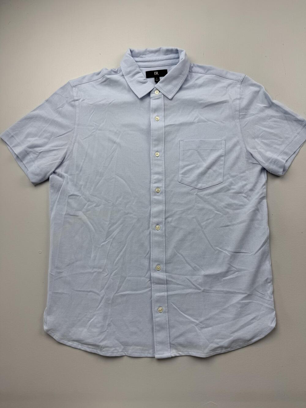 BR Shirt Mens Large Blue Solid Short Sleeve Button Up Casual Knit Pocket Summer